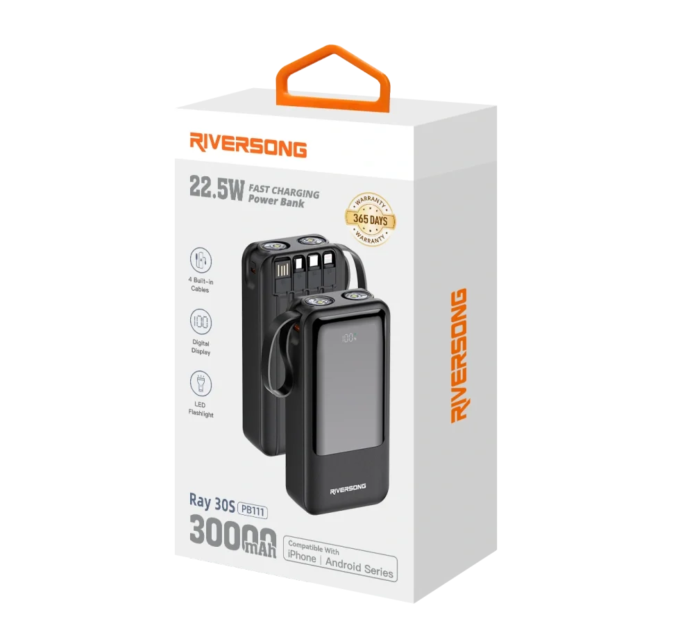 Riversong Ray 30S – Power Bank 30000mAh avec câbles intégrés & charge rapide 22,5W