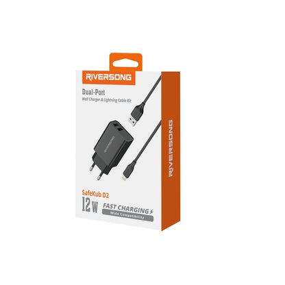 Riversong SafeKub D2 Noir - Chargeur Secteur 2x USB + Câble USB vers USB C